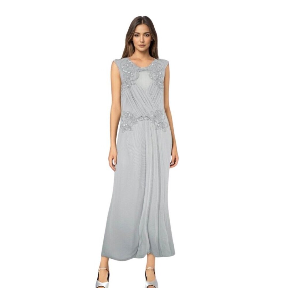 Lipsy London Maxi Dress Womens 0 Gray Sequin Floral Gown Cocktail Wedding Prom